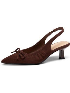 Women's Chocolate Slingback Low Kitten Heels Bow Pointed Toe Pumps 2.1" Heels